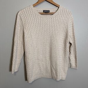 Lands' End Ivory Cream Cable Knit Sweater Women's L Cottage Core 3/4 Sleeve
